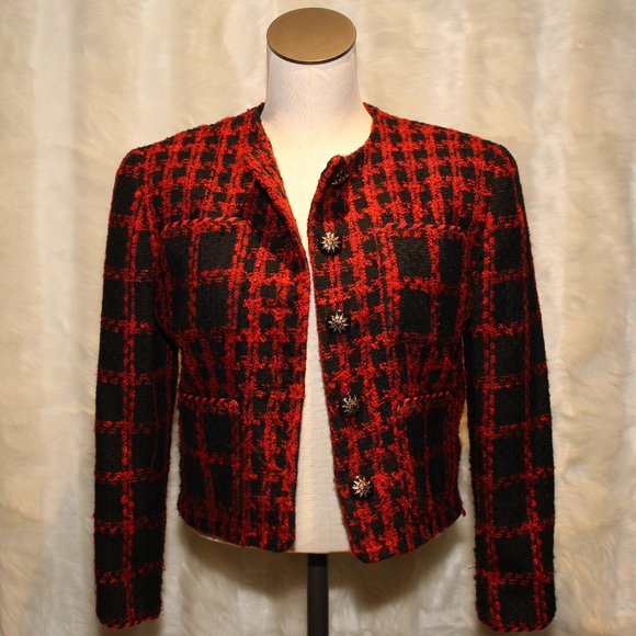 Ann Taylor Vintage Red Checkered Tweed Blazer
